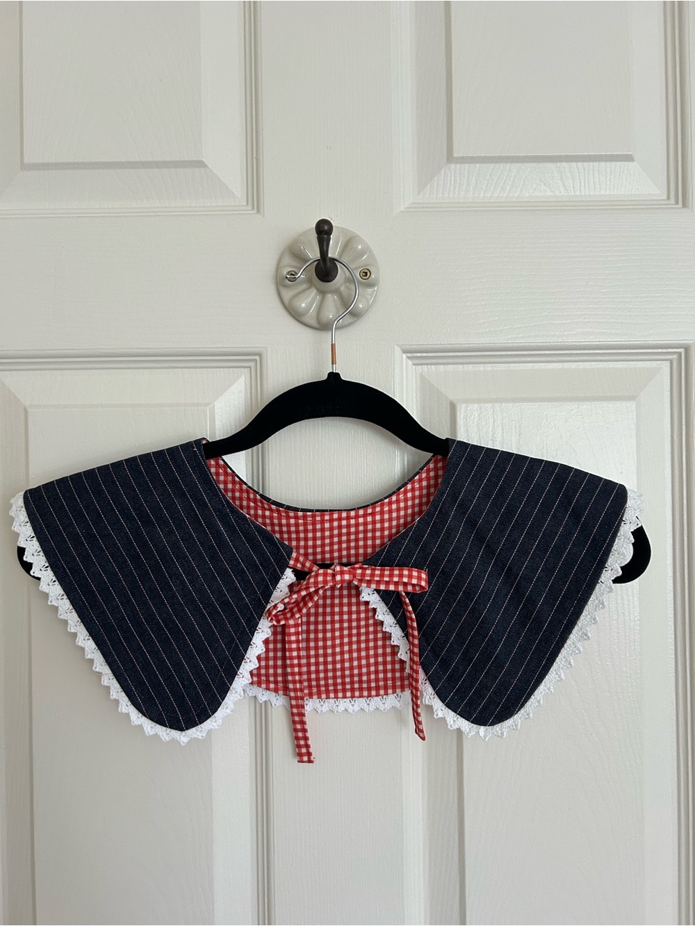Pinstripe Denim & Red Gingham Reversible Detachable Collar with Lace Trim
